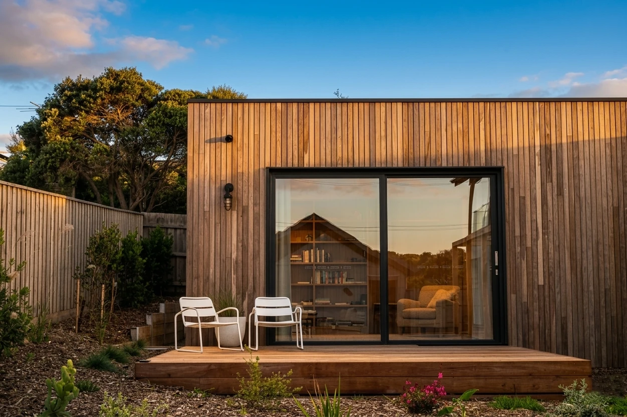 Custom home exterior at golden hour — Crowncon build